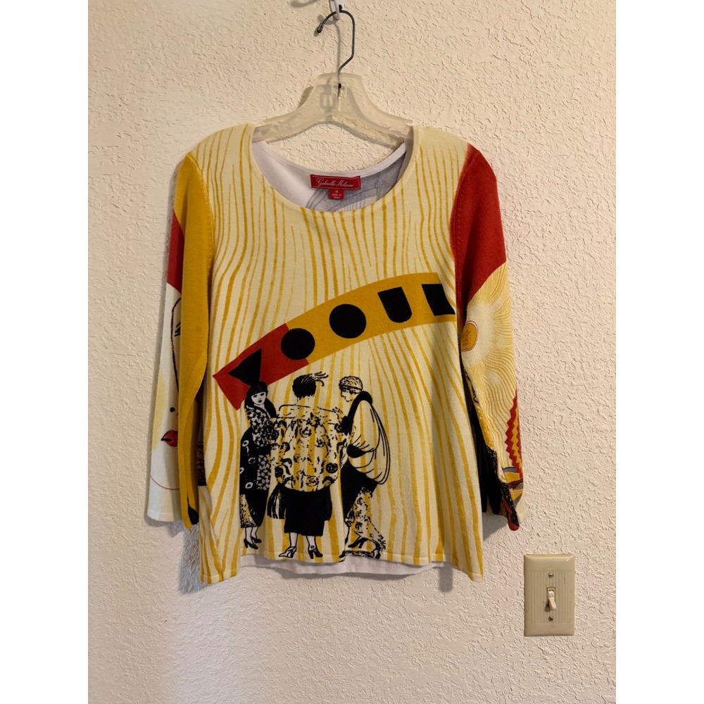 Gabriella Molinari Art Deco Graphic Bamboo Knit Top Yellow Red 3/4 Sleeve Medium